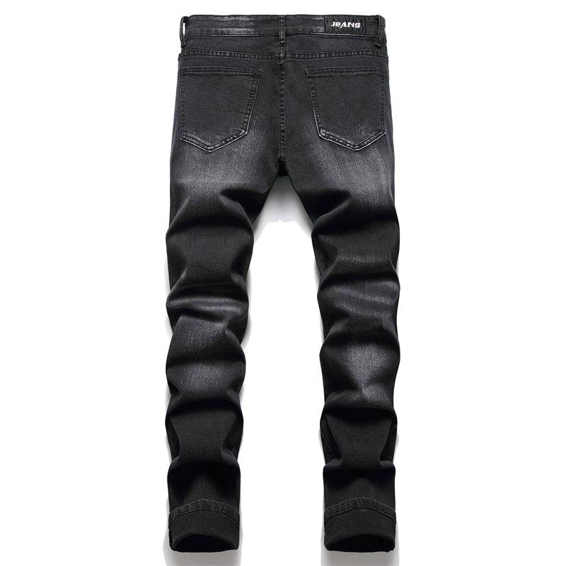 Men’s biker jeans with paisley print patches, straight leg casual denim pants, available in sizes 28–40