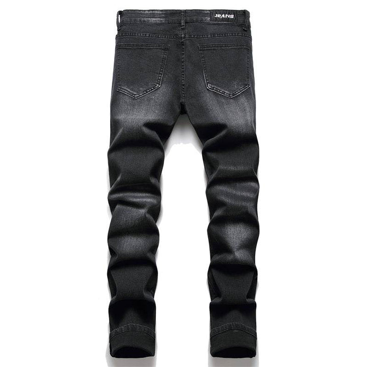 Men’s biker jeans with paisley print patches, straight leg casual denim pants, available in sizes 28–40