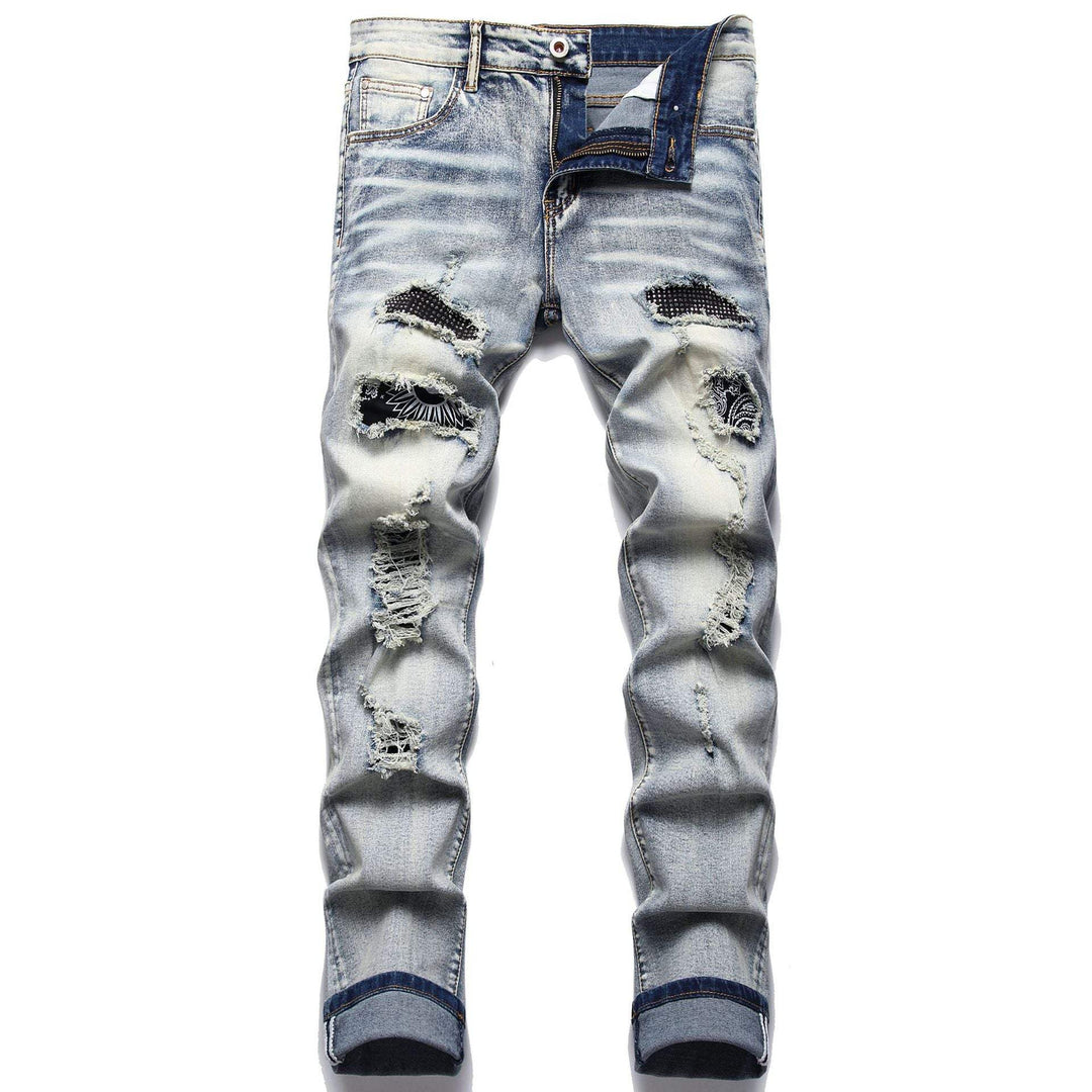 Men’s biker jeans with paisley print patches, straight leg casual denim pants, available in sizes 28–40