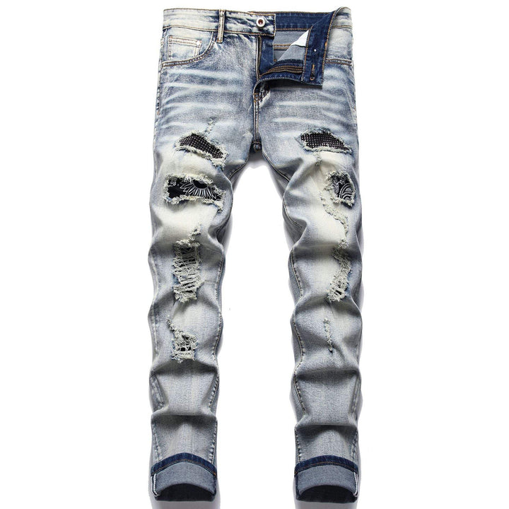 Men’s biker jeans with paisley print patches, straight leg casual denim pants, available in sizes 28–40