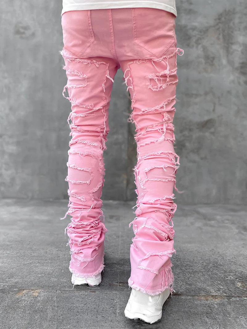 Men Trousers Individual Patched Pants Long Tight Fit Stacked Jeans For Mens Clothing - Glow Goddess