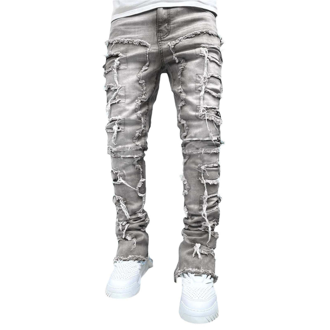 Men Trousers Individual Patched Pants Long Tight Fit Stacked Jeans For Mens Clothing - Glow Goddess