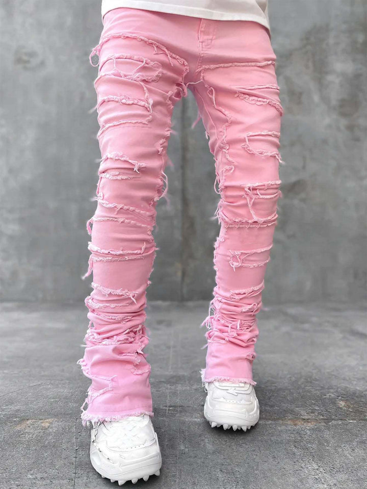 Men Trousers Individual Patched Pants Long Tight Fit Stacked Jeans For Mens Clothing - Glow Goddess