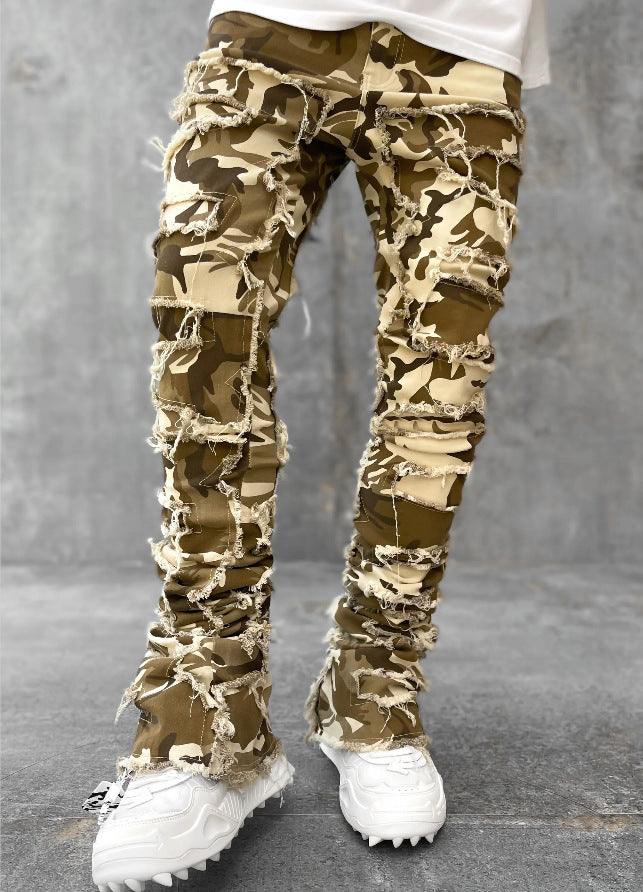 Men Trousers Individual Patched Pants Long Tight Fit Stacked Jeans For Mens Clothing - Glow Goddess