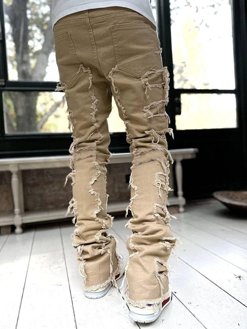 Men Trousers Individual Patched Pants Long Tight Fit Stacked Jeans For Mens Clothing - Glow Goddess