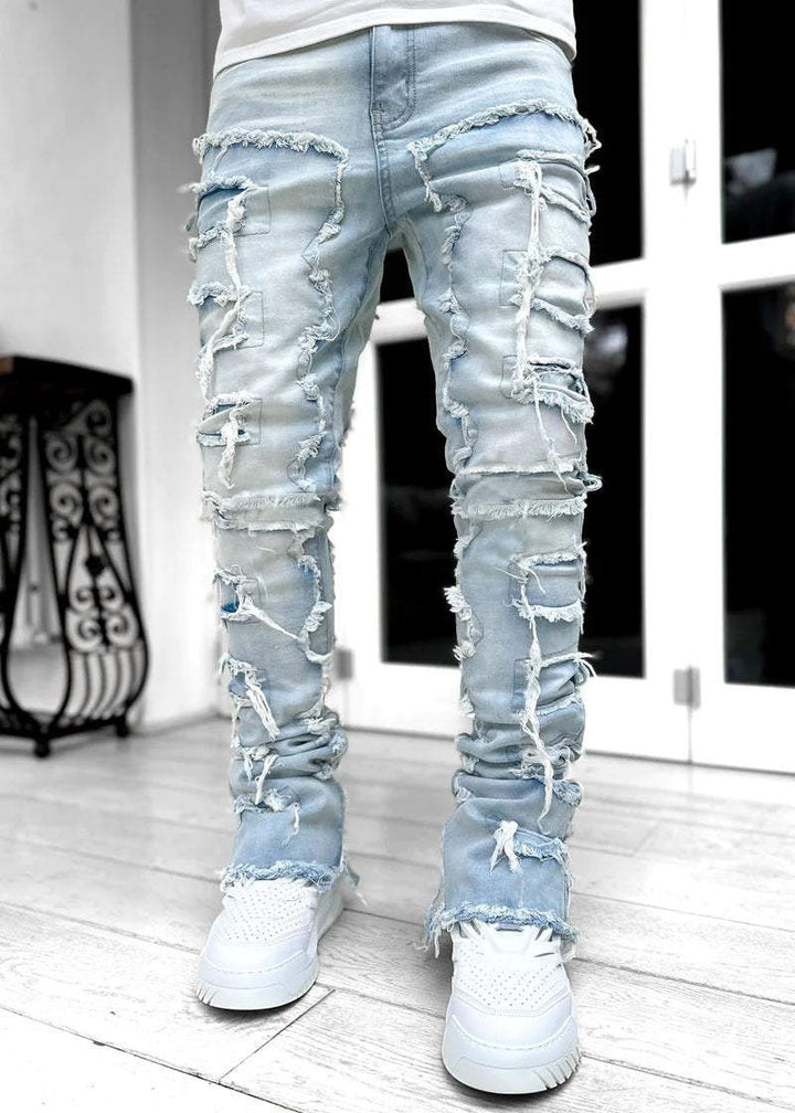 Men Trousers Individual Patched Pants Long Tight Fit Stacked Jeans For Mens Clothing - Glow Goddess