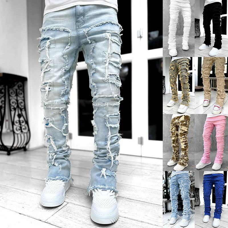 Men Trousers Individual Patched Pants Long Tight Fit Stacked Jeans For Mens Clothing - Glow Goddess
