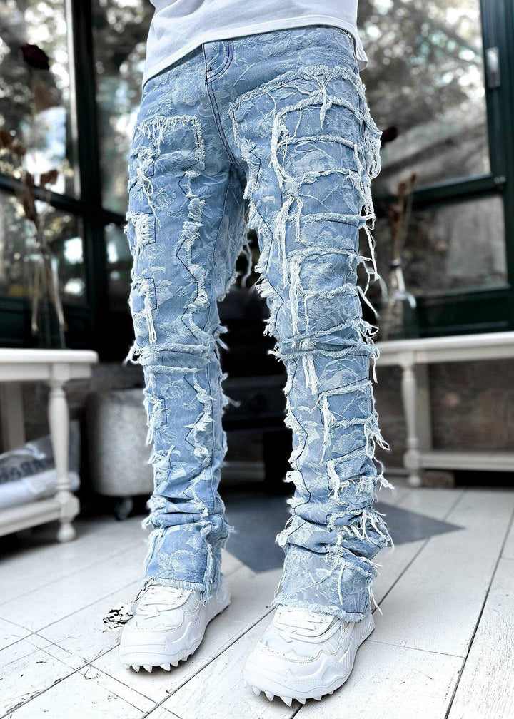 Men Trousers Individual Patched Pants Long Tight Fit Stacked Jeans For Mens Clothing - Glow Goddess