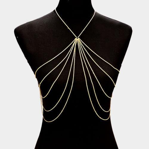 Metal body chain necklace for women displayed on a mannequin with multiple gold chains.