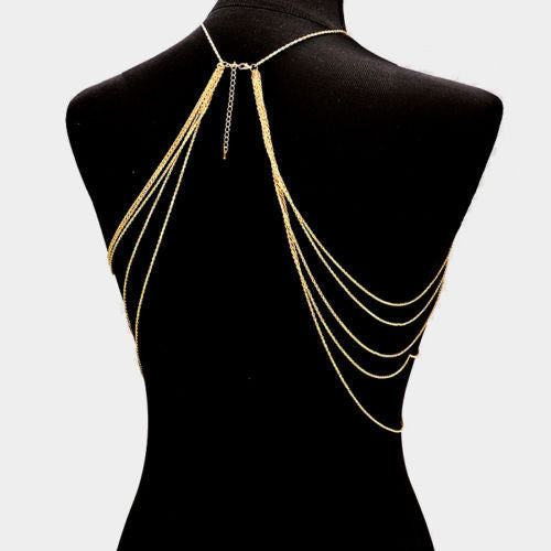 Metal body chain necklace for women displayed on a mannequin, showcasing elegant gold chains.
