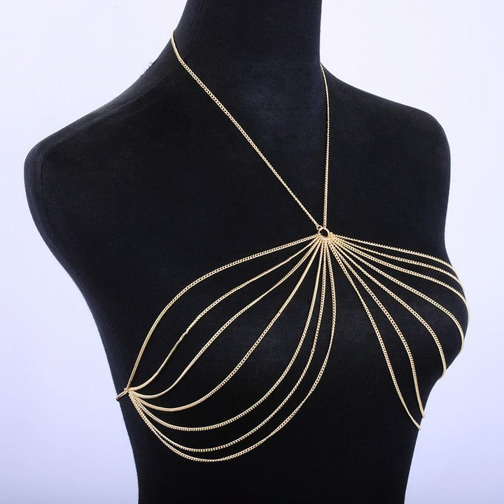 Metal body chain necklace for women displayed on a mannequin, featuring elegant strands and a stylish design.
