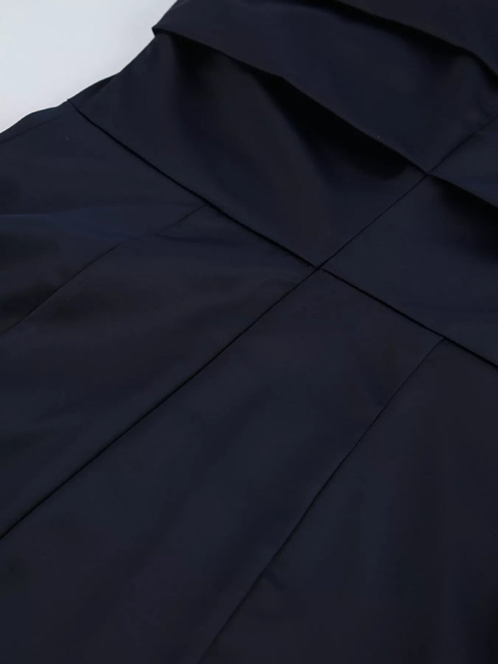 Evening Formal Mock Neck Dress with ruched bodice, structured mock neckline, flounce sleeves, and sleek tailored silhouette.