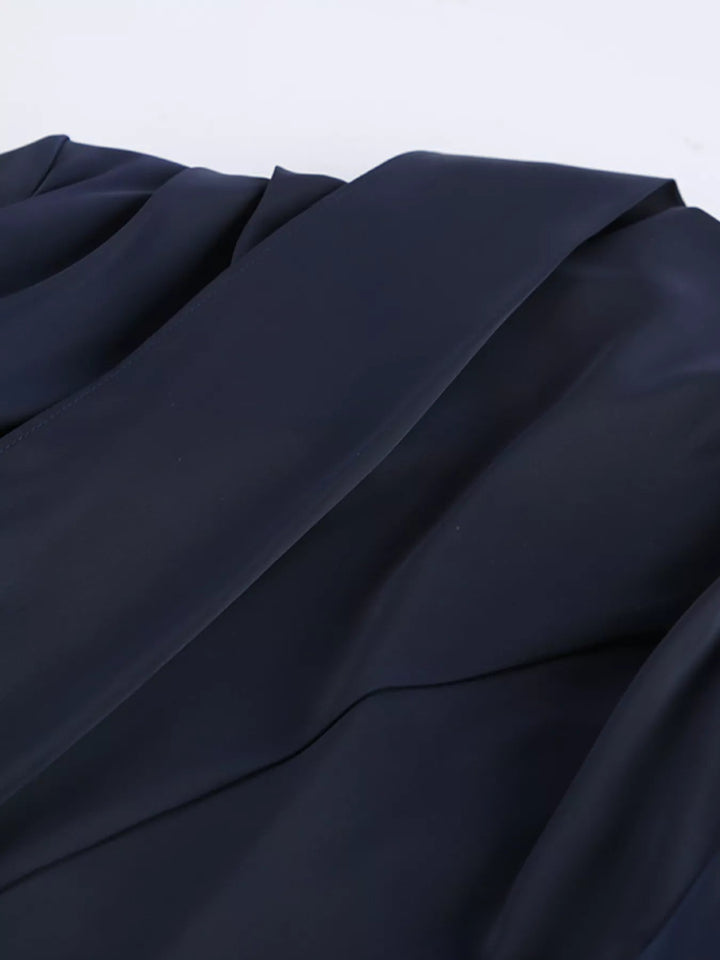 Evening Formal Mock Neck Dress with ruched bodice, structured mock neckline, flounce sleeves, and sleek tailored silhouette.