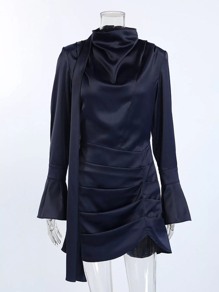 Evening Formal Mock Neck Dress with ruched bodice, structured mock neckline, flounce sleeves, and sleek tailored silhouette.