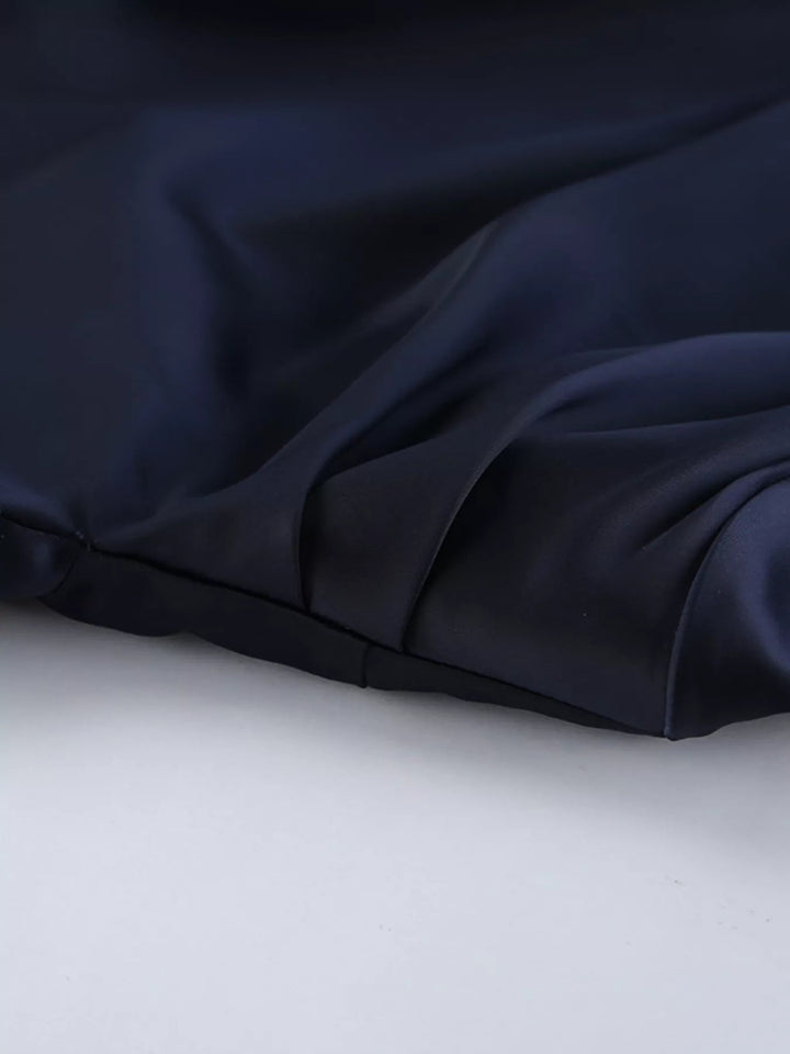 Evening Formal Mock Neck Dress with ruched bodice, structured mock neckline, flounce sleeves, and sleek tailored silhouette.