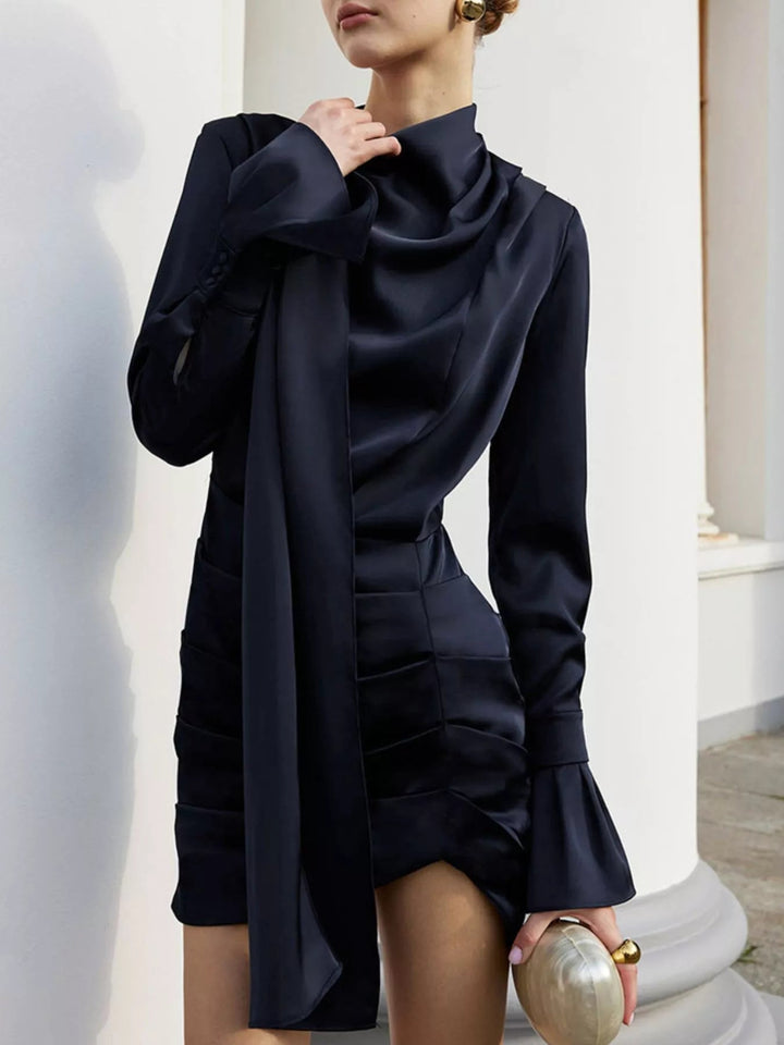 Evening Formal Mock Neck Dress with ruched bodice, structured mock neckline, flounce sleeves, and sleek tailored silhouette.