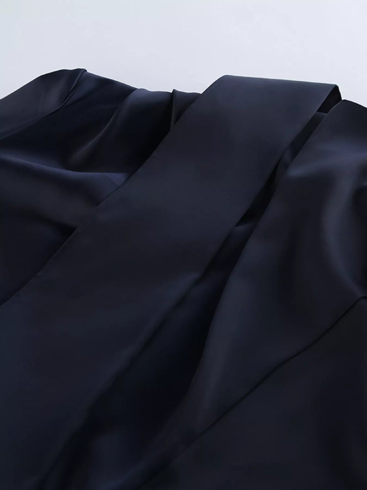Evening Formal Mock Neck Dress with ruched bodice, structured mock neckline, flounce sleeves, and sleek tailored silhouette.