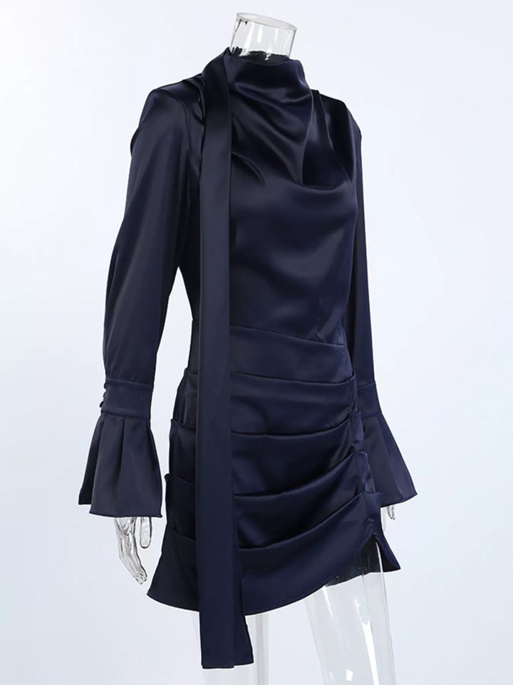 Evening Formal Mock Neck Dress with ruched bodice, structured mock neckline, flounce sleeves, and sleek tailored silhouette.