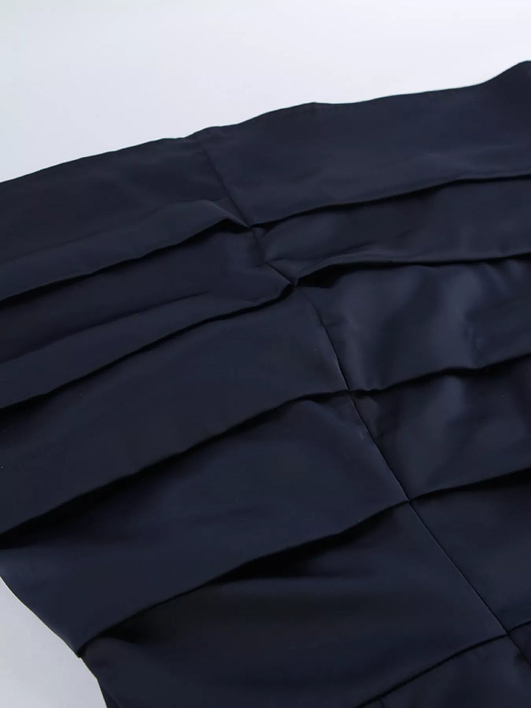 Evening Formal Mock Neck Dress with ruched bodice, structured mock neckline, flounce sleeves, and sleek tailored silhouette.