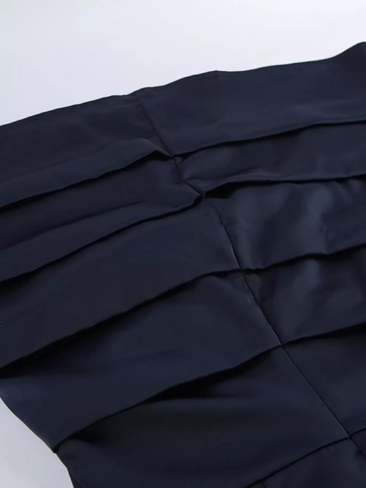 Evening Formal Mock Neck Dress with ruched bodice, structured mock neckline, flounce sleeves, and sleek tailored silhouette.