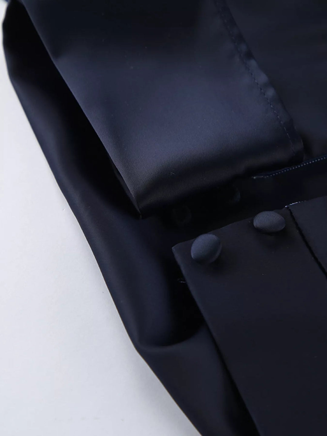 Evening Formal Mock Neck Dress with ruched bodice, structured mock neckline, flounce sleeves, and sleek tailored silhouette.