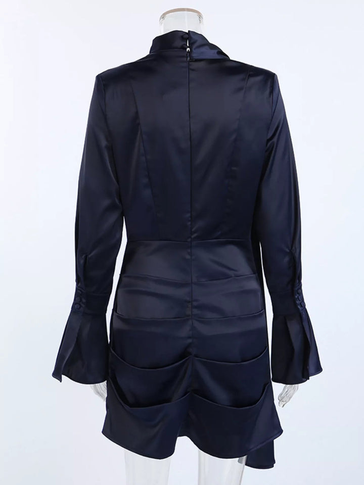 Evening Formal Mock Neck Dress with ruched bodice, structured mock neckline, flounce sleeves, and sleek tailored silhouette.