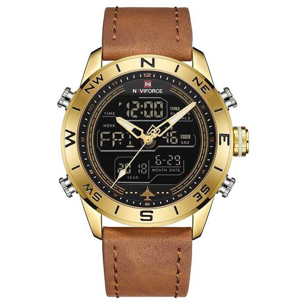 NAVIFORCE 9144 men’s sport gold watch with LED analog-digital display, leather strap, and military design