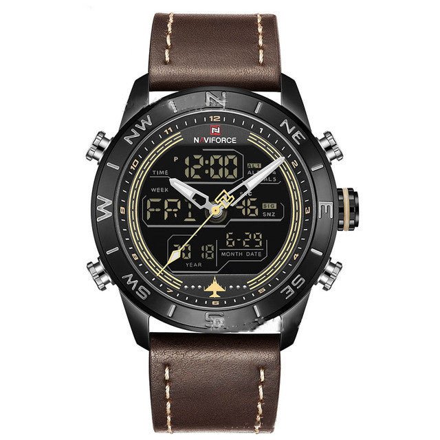 NAVIFORCE 9144 men’s sport gold watch with LED analog-digital display, leather strap, and military design