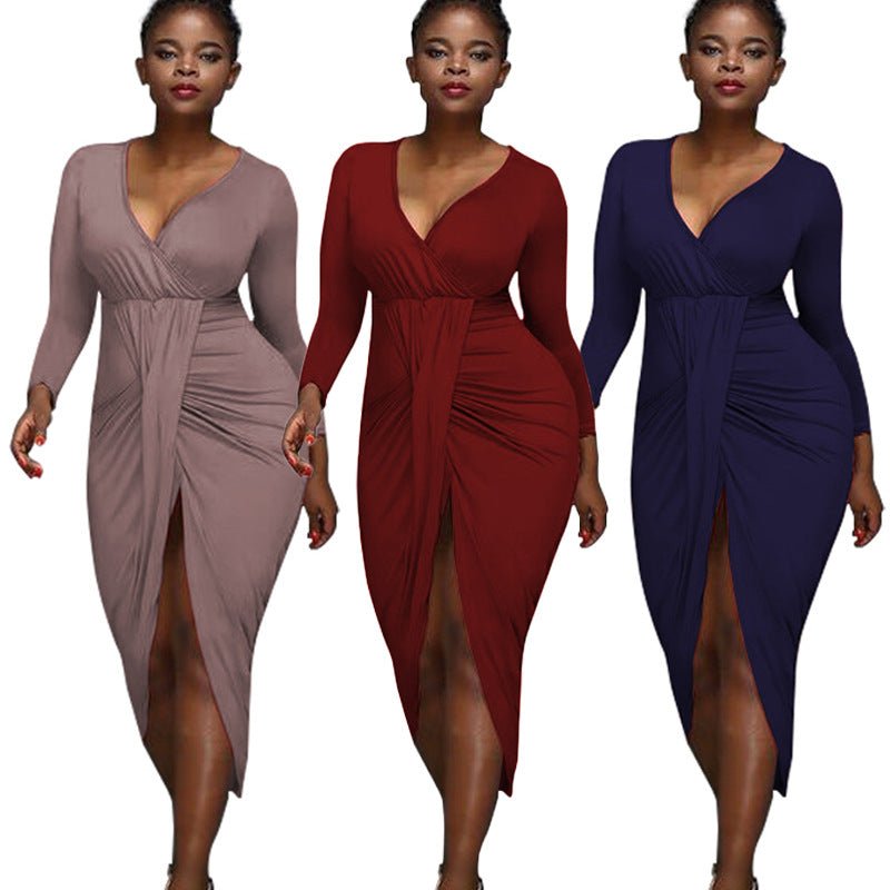 Nightclub Irregular Long - sleeved V - neck Dress - Glow Goddess