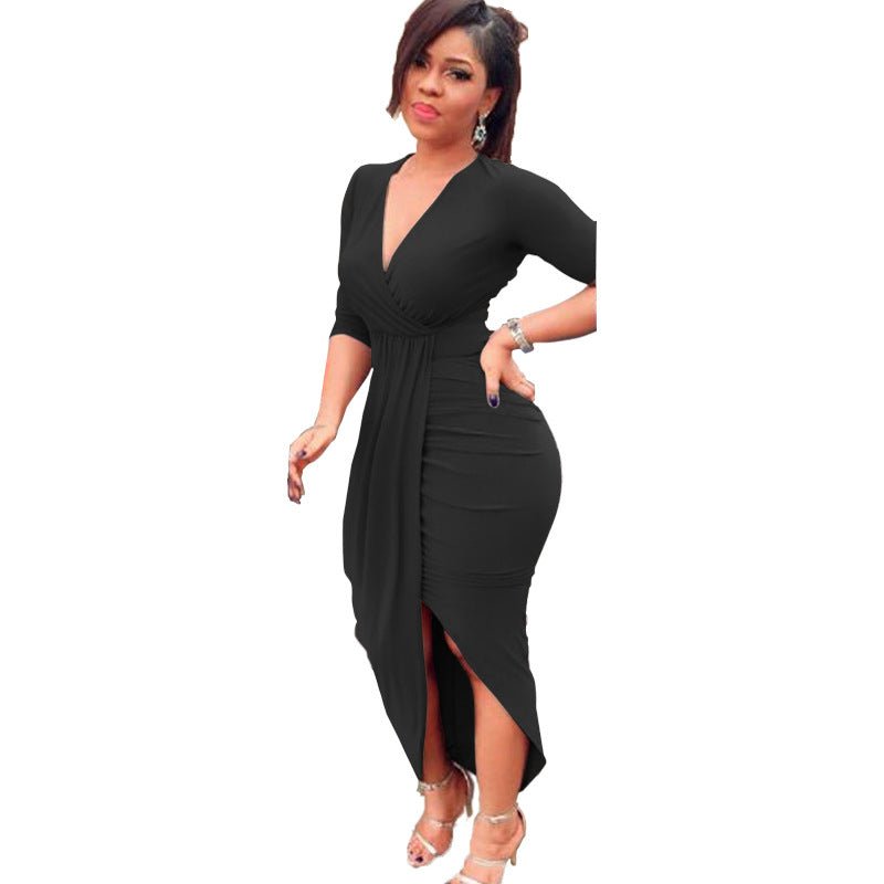 Nightclub Irregular Long - sleeved V - neck Dress - Glow Goddess