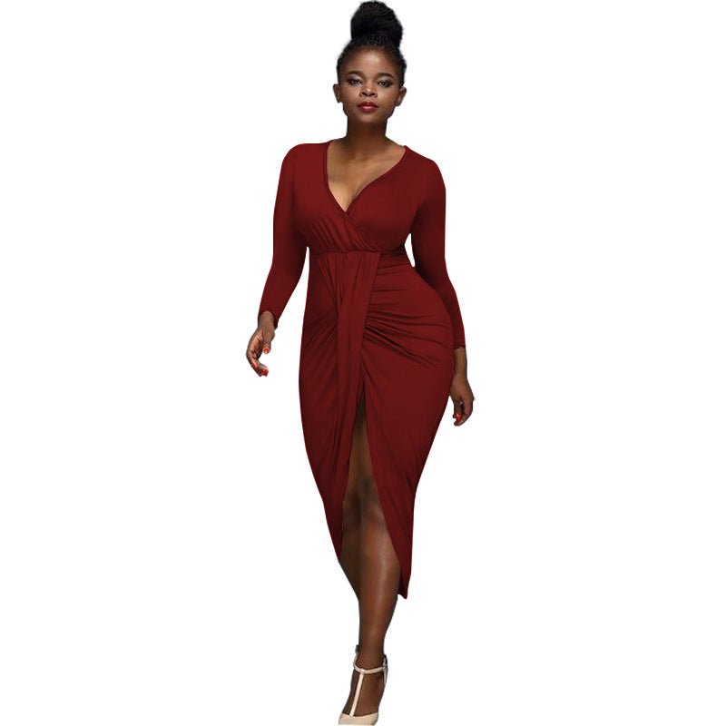 Nightclub Irregular Long - sleeved V - neck Dress - Glow Goddess