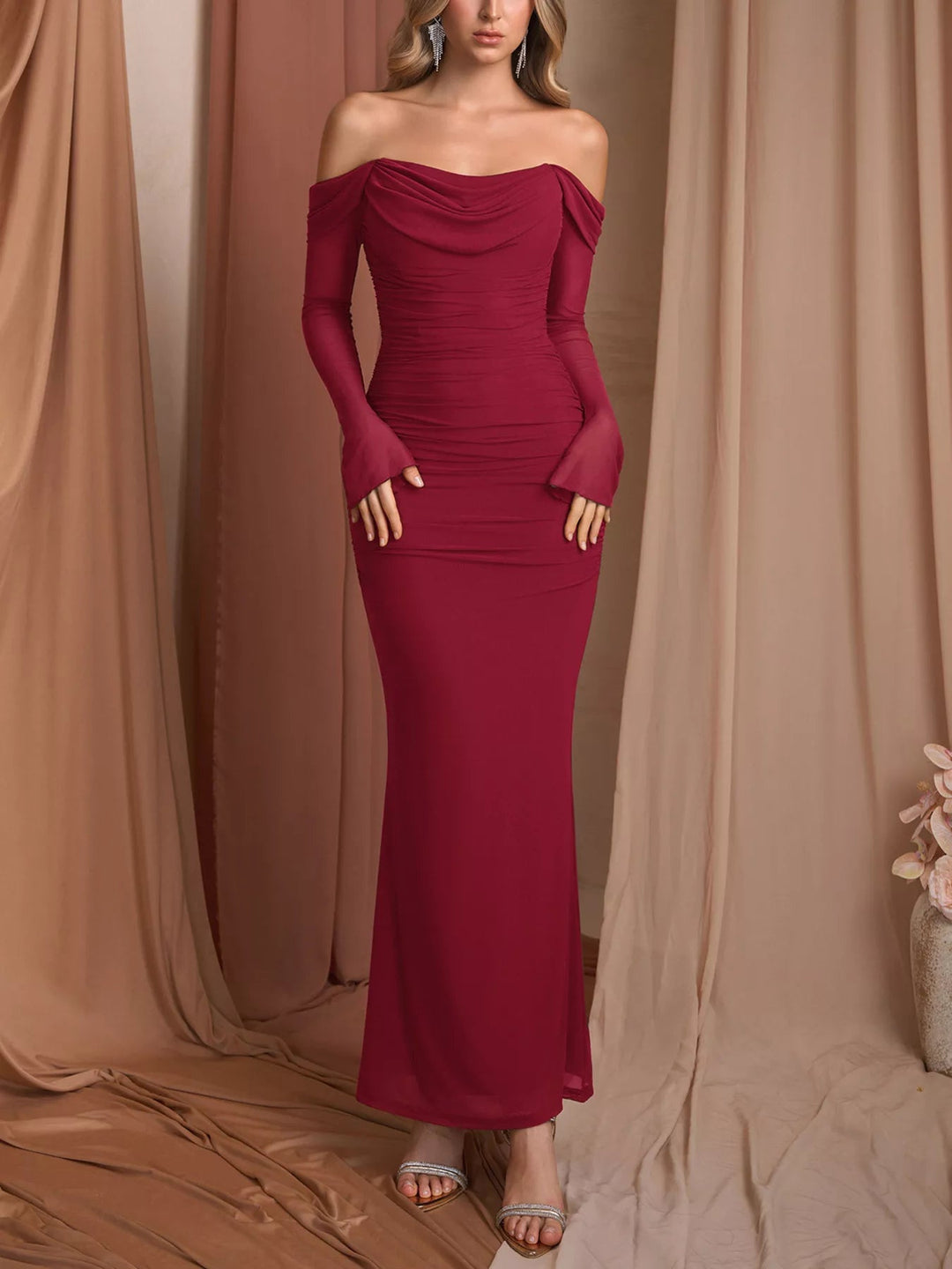 Off-Shoulder Ruched Mermaid Dress with fitted ruched bodice and elegant mermaid flare.