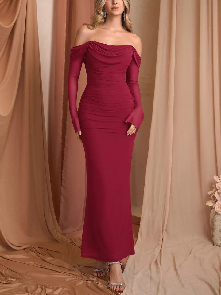 Off-Shoulder Ruched Mermaid Dress with fitted ruched bodice and elegant mermaid flare.