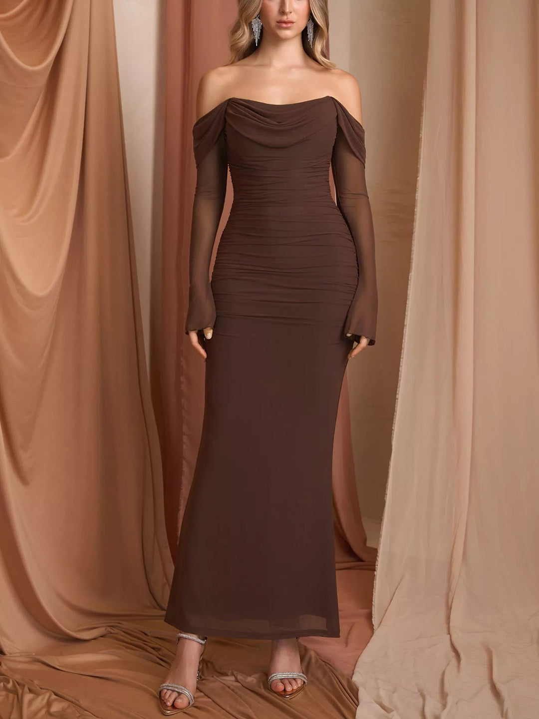 Off-Shoulder Ruched Mermaid Dress with fitted ruched bodice and elegant mermaid flare.