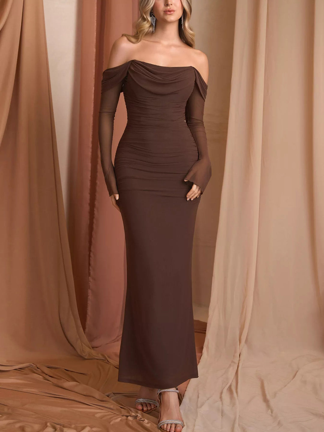 Off-Shoulder Ruched Mermaid Dress with fitted ruched bodice and elegant mermaid flare.