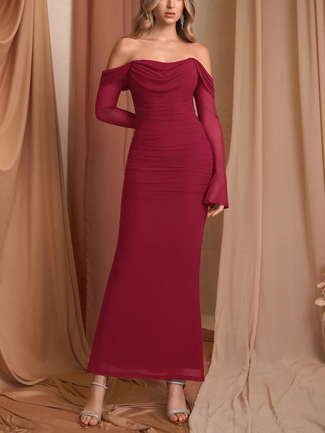 Off-Shoulder Ruched Mermaid Dress with fitted ruched bodice and elegant mermaid flare.