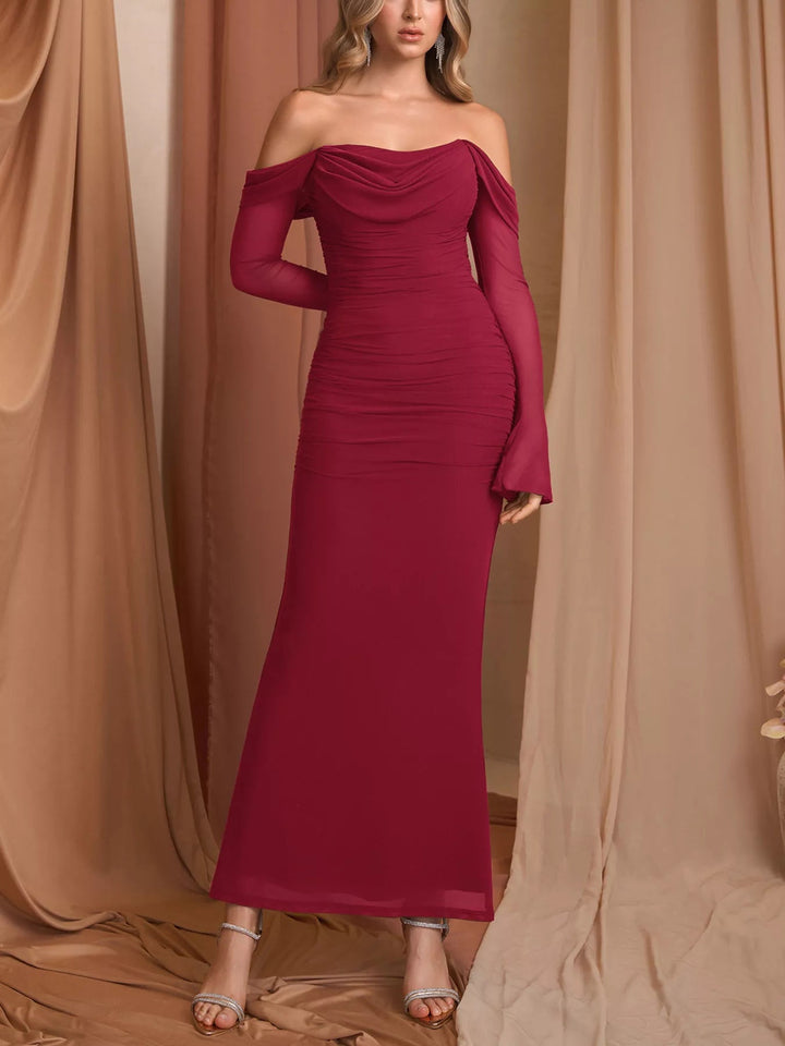 Off-Shoulder Ruched Mermaid Dress with fitted ruched bodice and elegant mermaid flare.