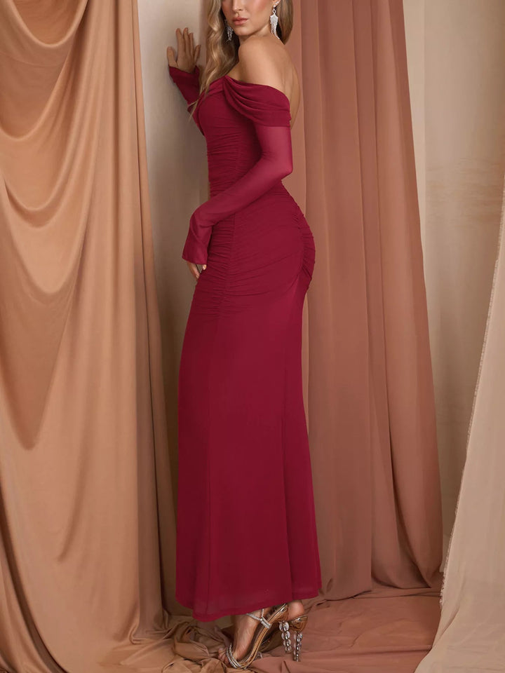 Off-Shoulder Ruched Mermaid Dress with fitted ruched bodice and elegant mermaid flare.