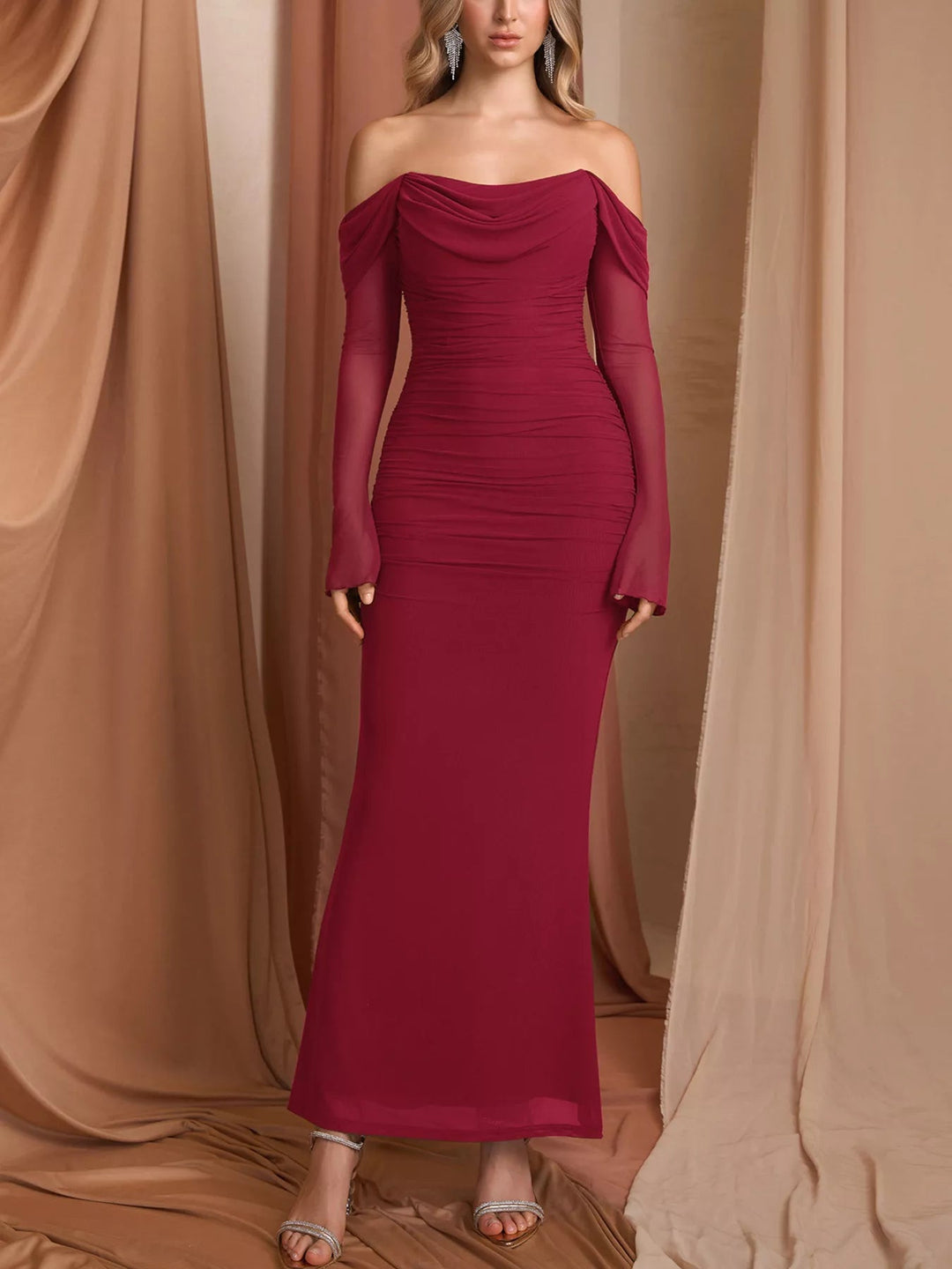 Off-Shoulder Ruched Mermaid Dress with fitted ruched bodice and elegant mermaid flare.