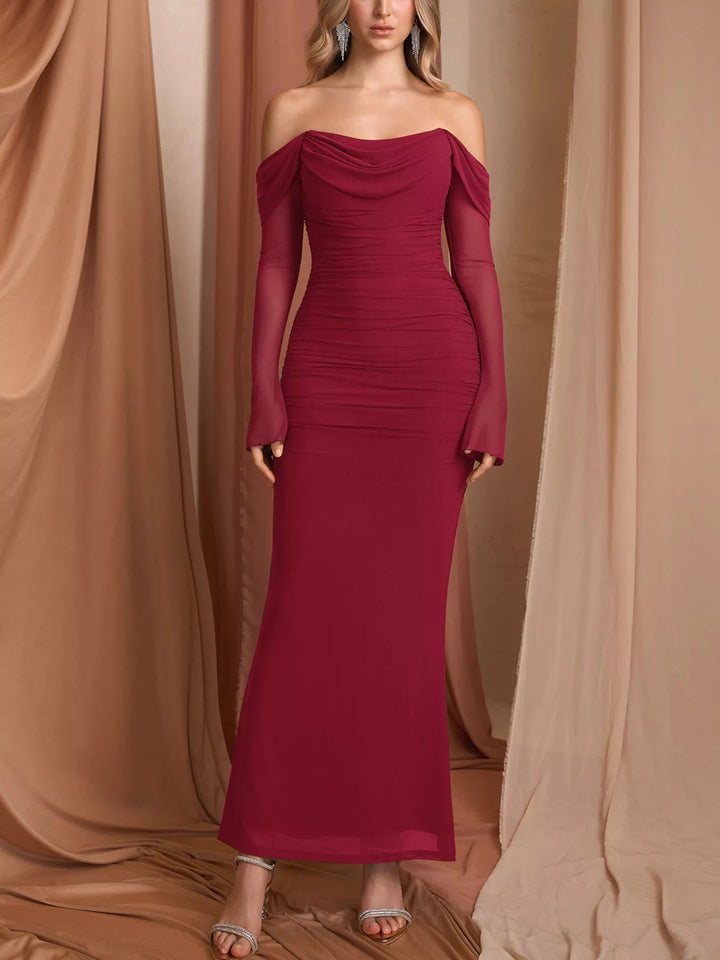Off-Shoulder Ruched Mermaid Dress with fitted ruched bodice and elegant mermaid flare.