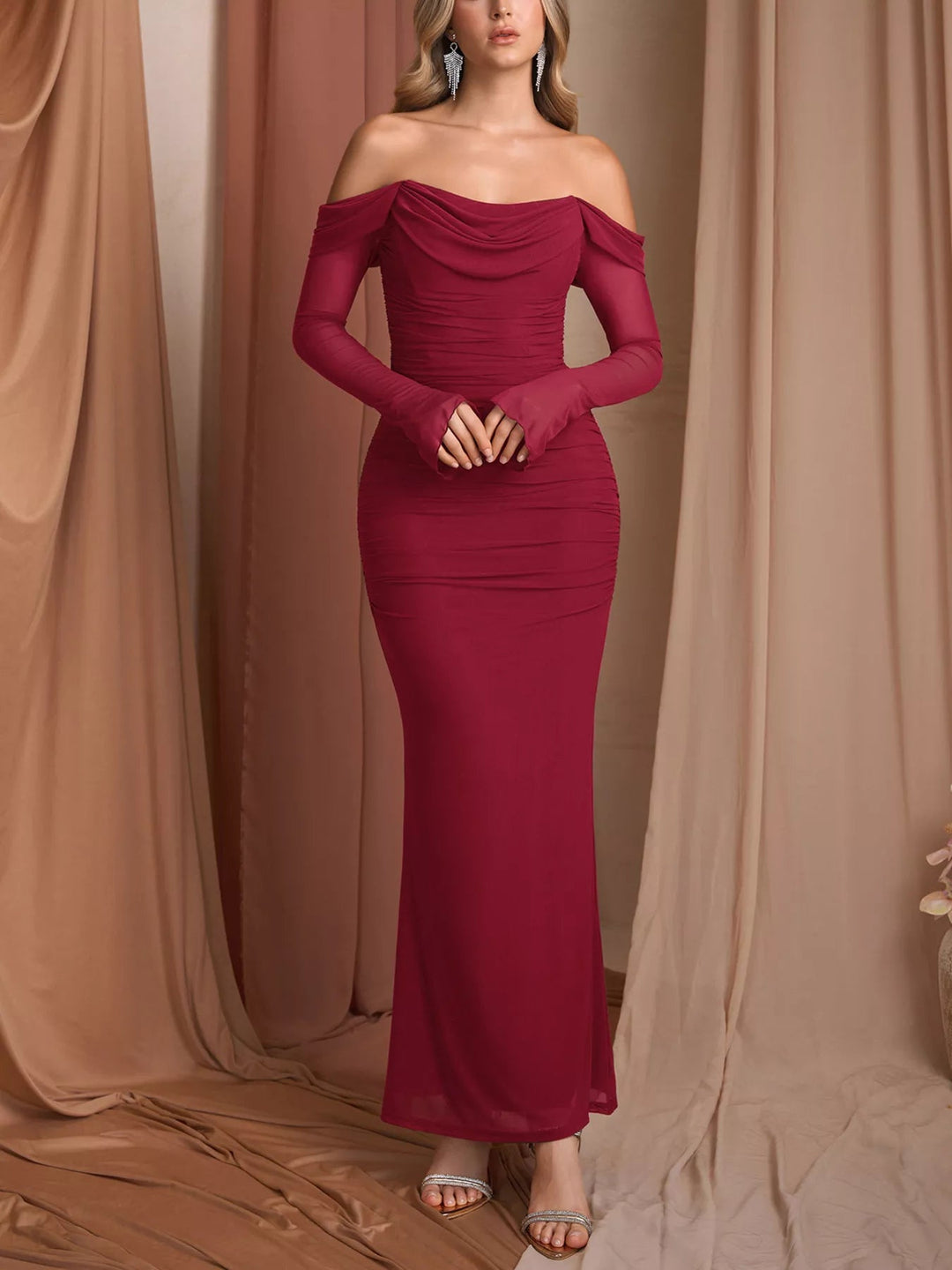 Off-Shoulder Ruched Mermaid Dress with fitted ruched bodice and elegant mermaid flare.