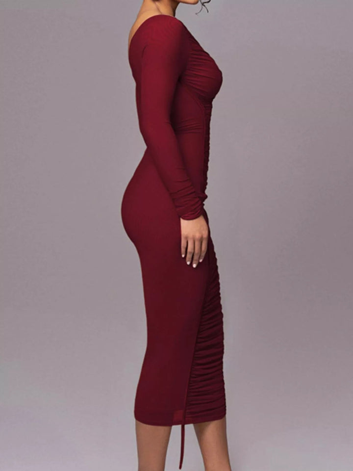 One-Shoulder Ruched Bodycon Dress in sleek midi length featuring asymmetrical neckline, fitted silhouette, and elegant draped detailing