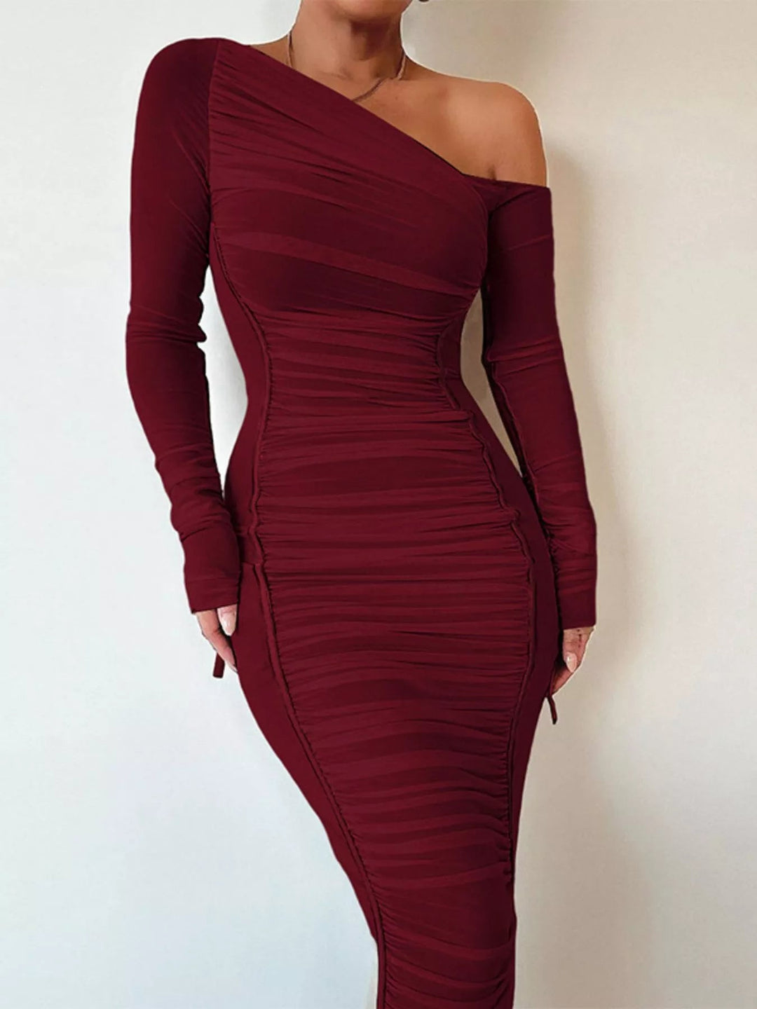 One-Shoulder Ruched Bodycon Dress in sleek midi length featuring asymmetrical neckline, fitted silhouette, and elegant draped detailing