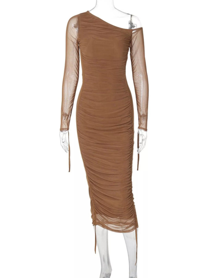 One-Shoulder Ruched Bodycon Dress in sleek midi length featuring asymmetrical neckline, fitted silhouette, and elegant draped detailing