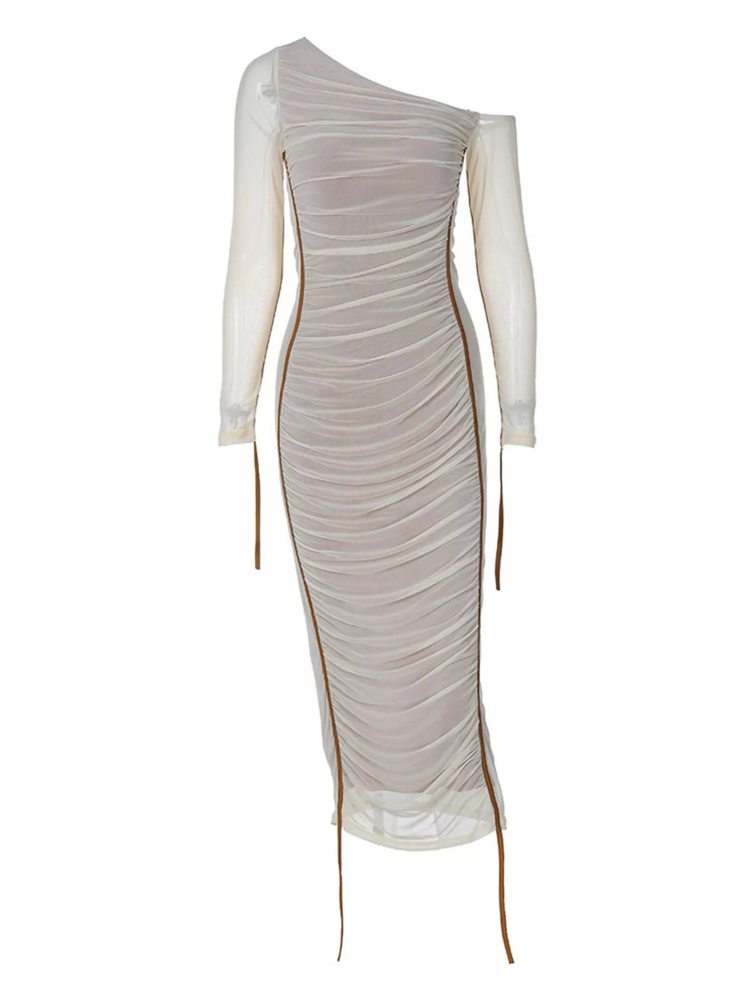 One-Shoulder Ruched Bodycon Dress in sleek midi length featuring asymmetrical neckline, fitted silhouette, and elegant draped detailing