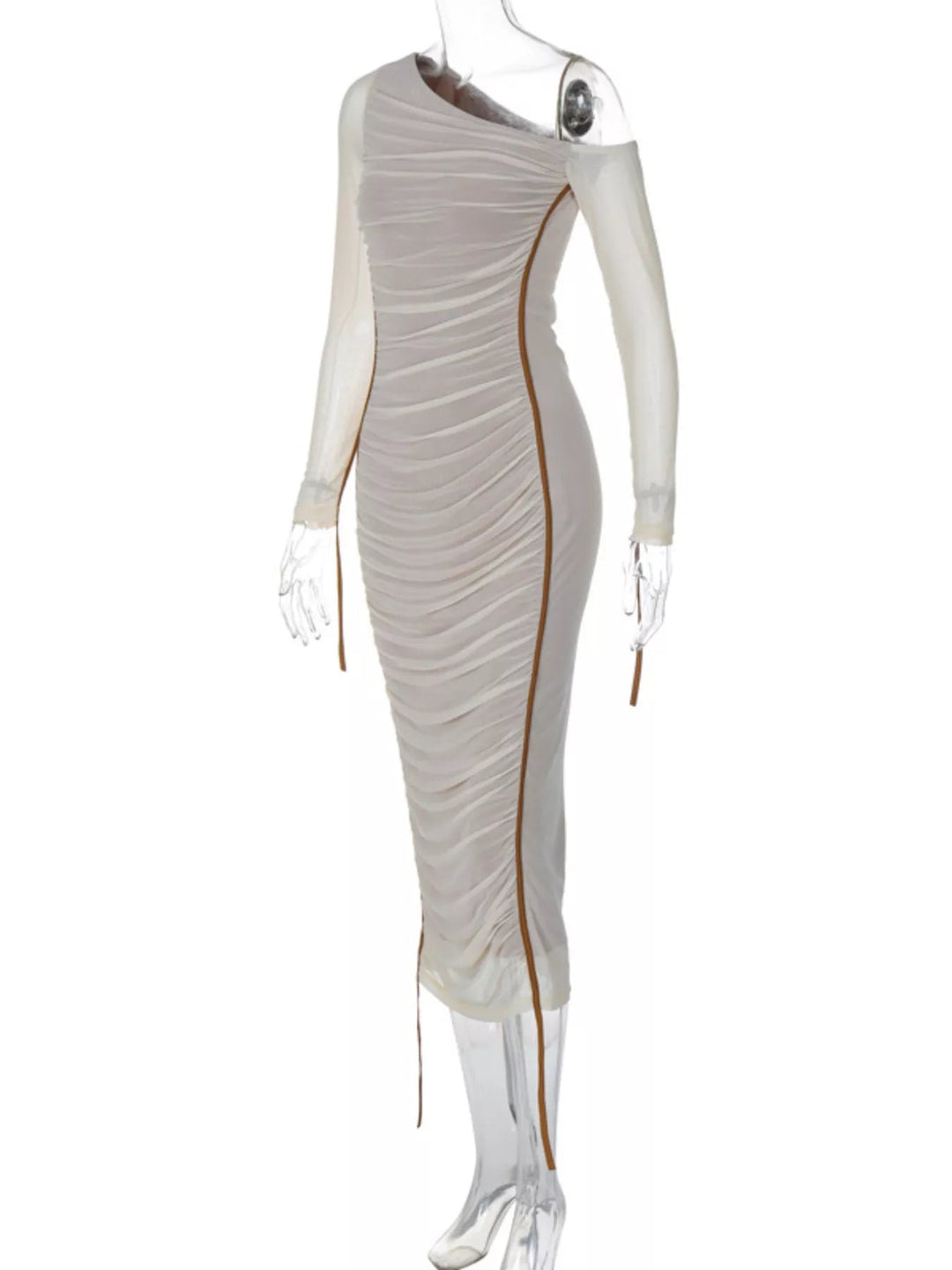 One-Shoulder Ruched Bodycon Dress in sleek midi length featuring asymmetrical neckline, fitted silhouette, and elegant draped detailing