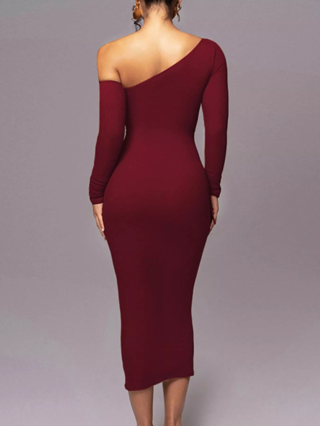 One-Shoulder Ruched Bodycon Dress in sleek midi length featuring asymmetrical neckline, fitted silhouette, and elegant draped detailing