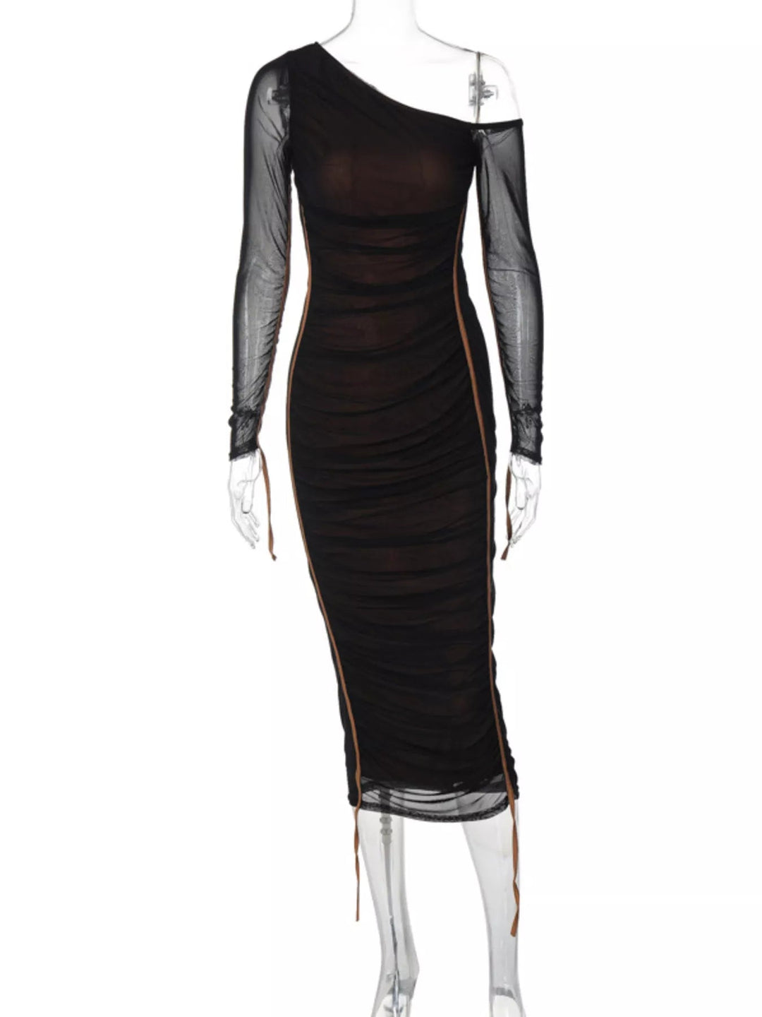 One-Shoulder Ruched Bodycon Dress in sleek midi length featuring asymmetrical neckline, fitted silhouette, and elegant draped detailing