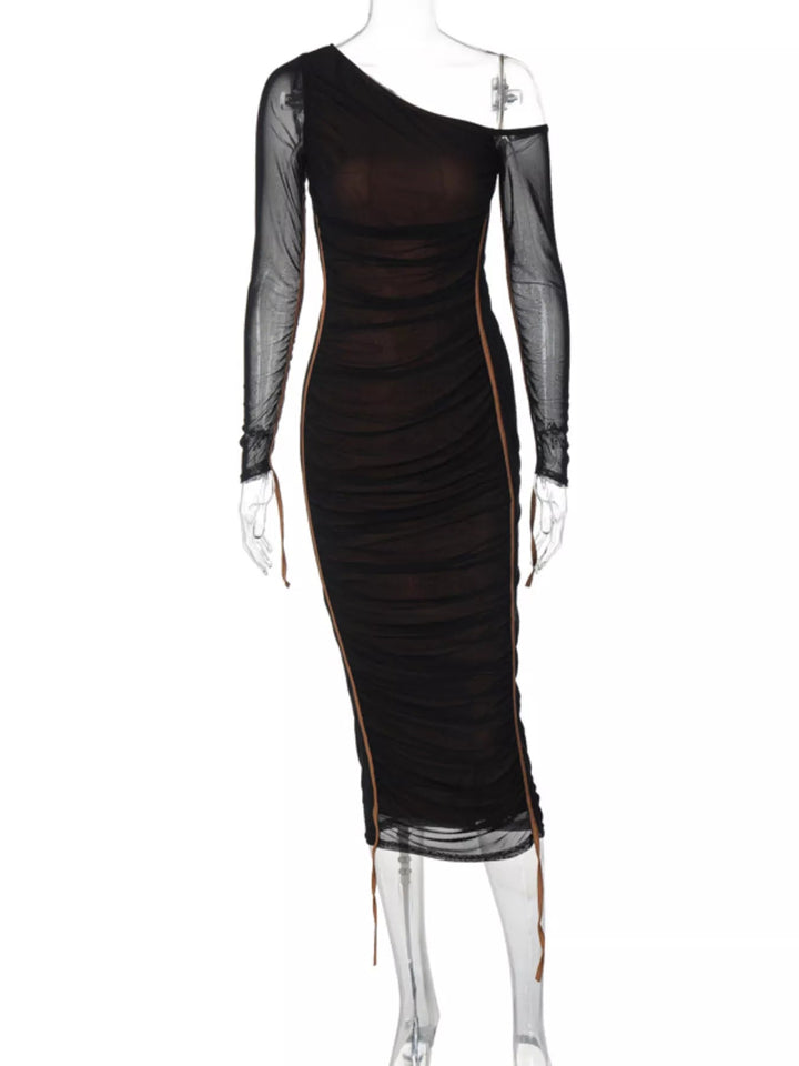 One-Shoulder Ruched Bodycon Dress in sleek midi length featuring asymmetrical neckline, fitted silhouette, and elegant draped detailing
