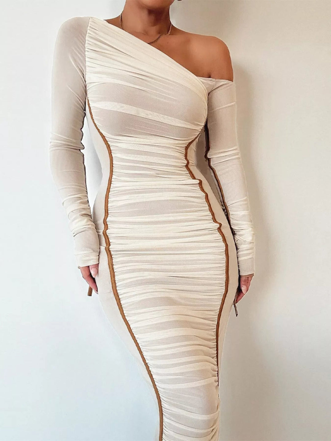 One-Shoulder Ruched Bodycon Dress in sleek midi length featuring asymmetrical neckline, fitted silhouette, and elegant draped detailing